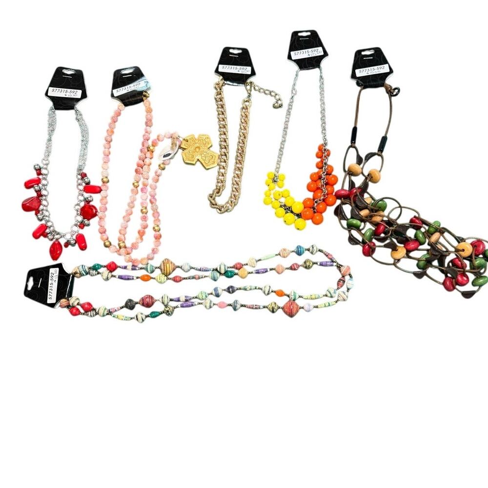 Lot of 6 Women’s Necklaces Beaded Gold Leather Wood Cross Mixed Styles.